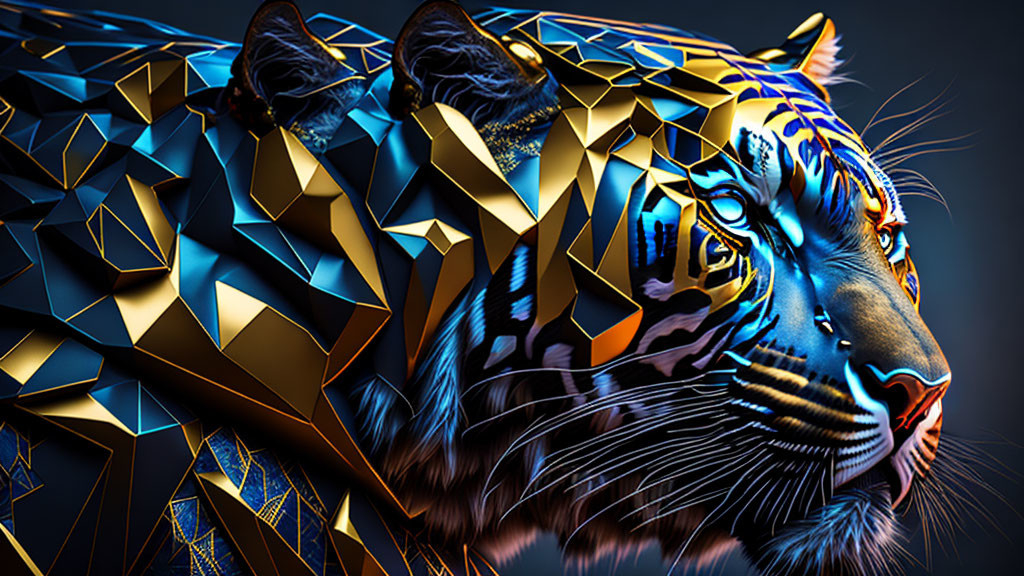 Half-realistic, half-geometric tiger art in gold tones on dark backdrop