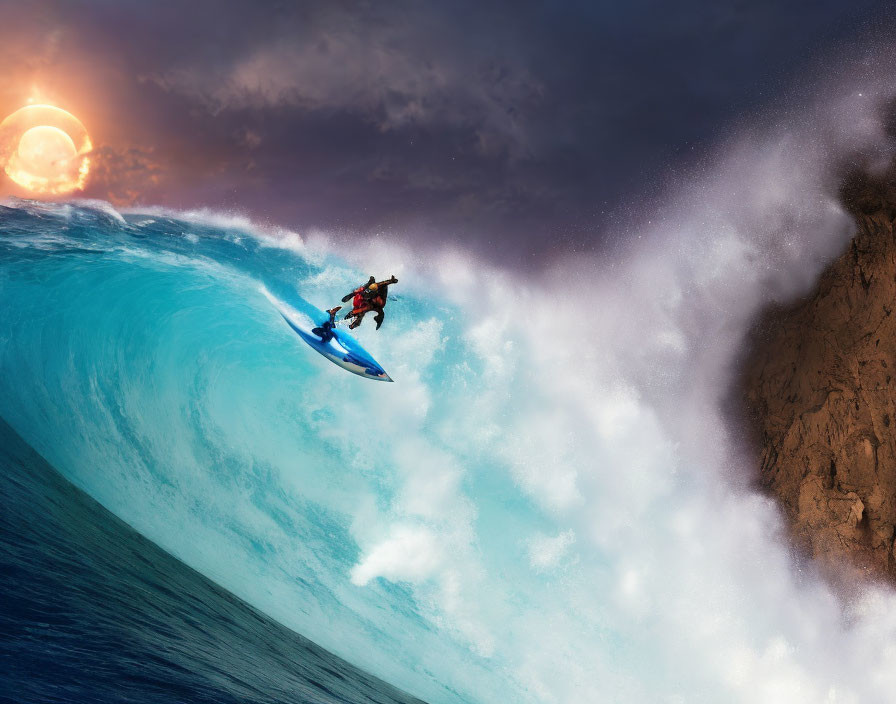 Surfer riding massive blue wave near rocky cliff under dramatic sky