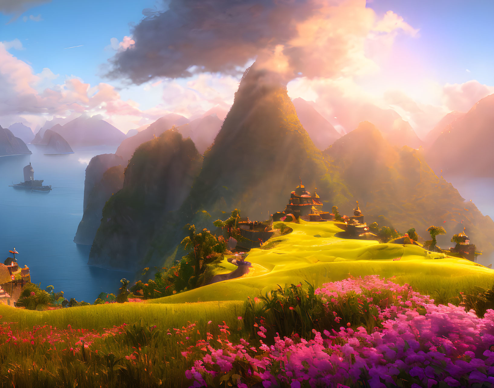 Scenic landscape with mountains, sunset, terraced fields, pink blossoms, traditional buildings, and