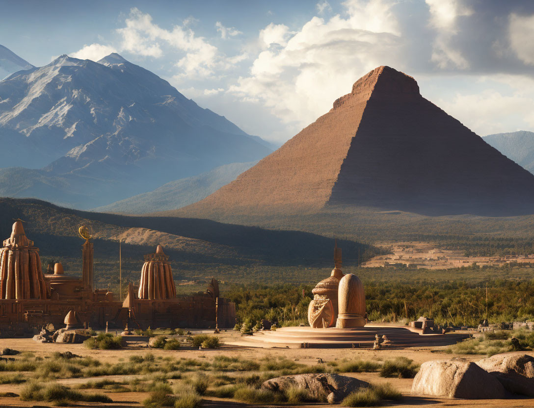 Ancient city with conical mountain in scenic landscape