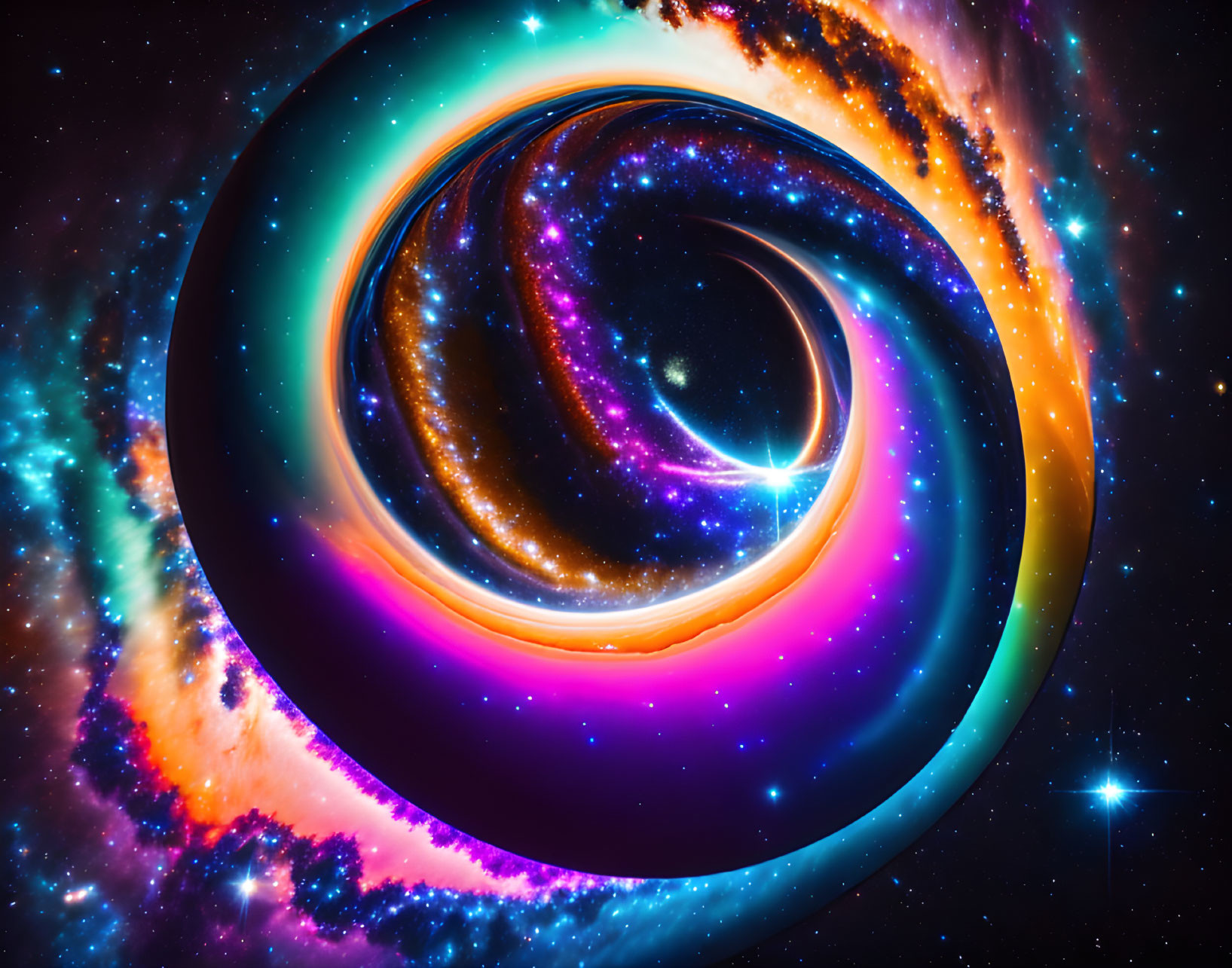 Colorful digital artwork: swirling cosmic object in rainbow hues against starry space.