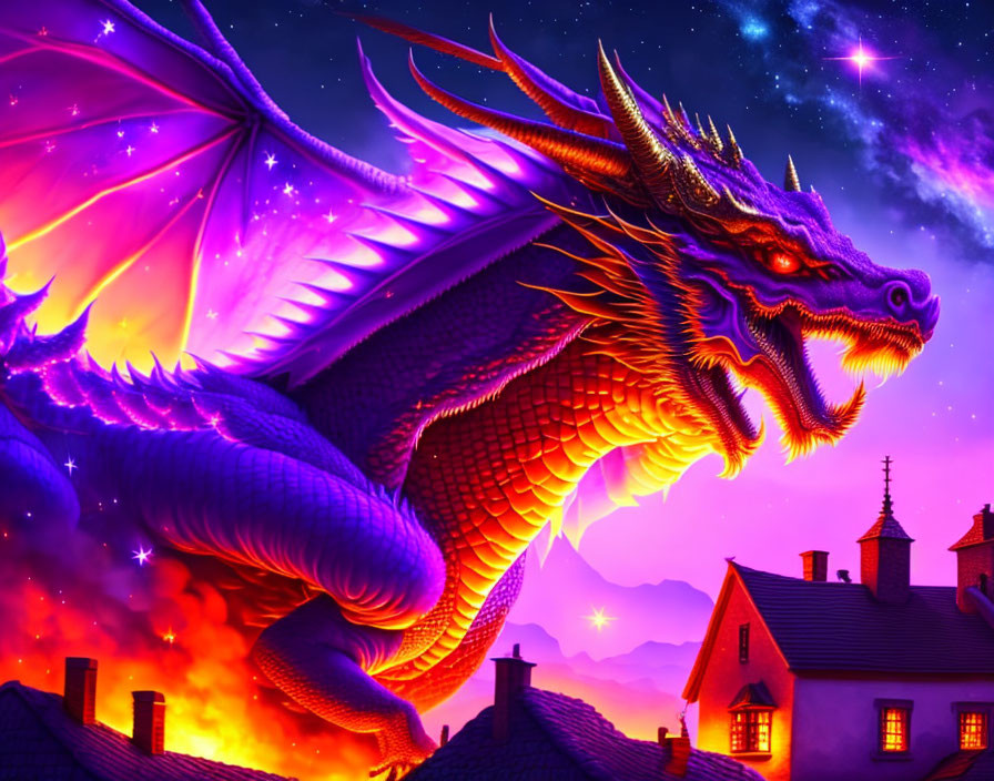 Majestic dragon flying over village against starry sky and flames