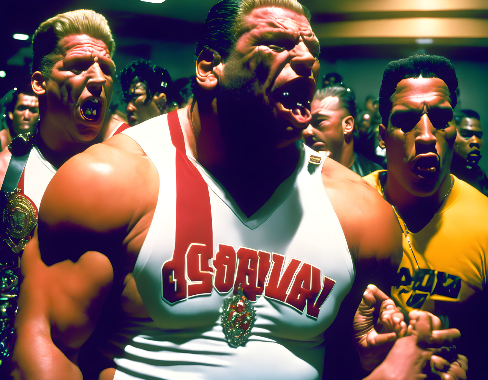 Three animated men in sportswear with exaggerated expressions, one in "4-D MAN" tank top