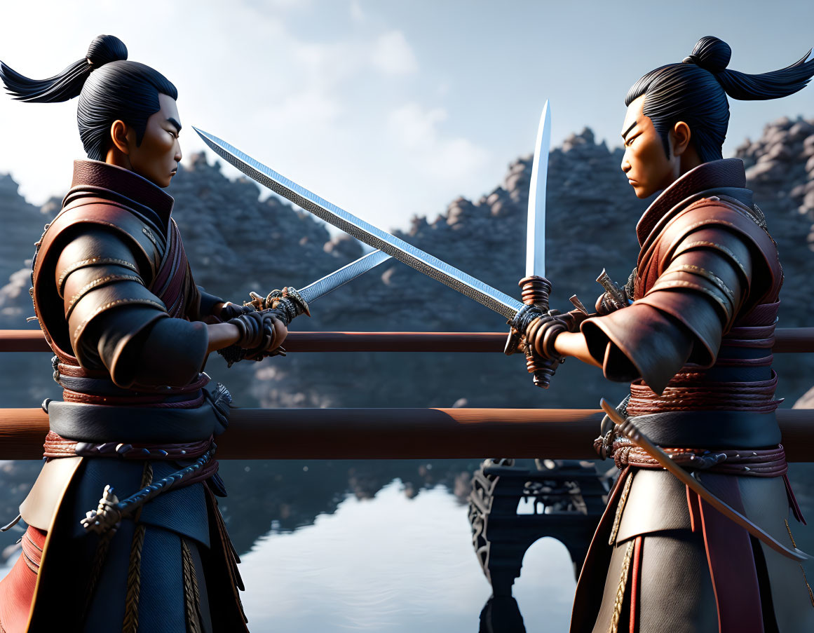 Animated samurai characters duel with swords on wooden bridge.