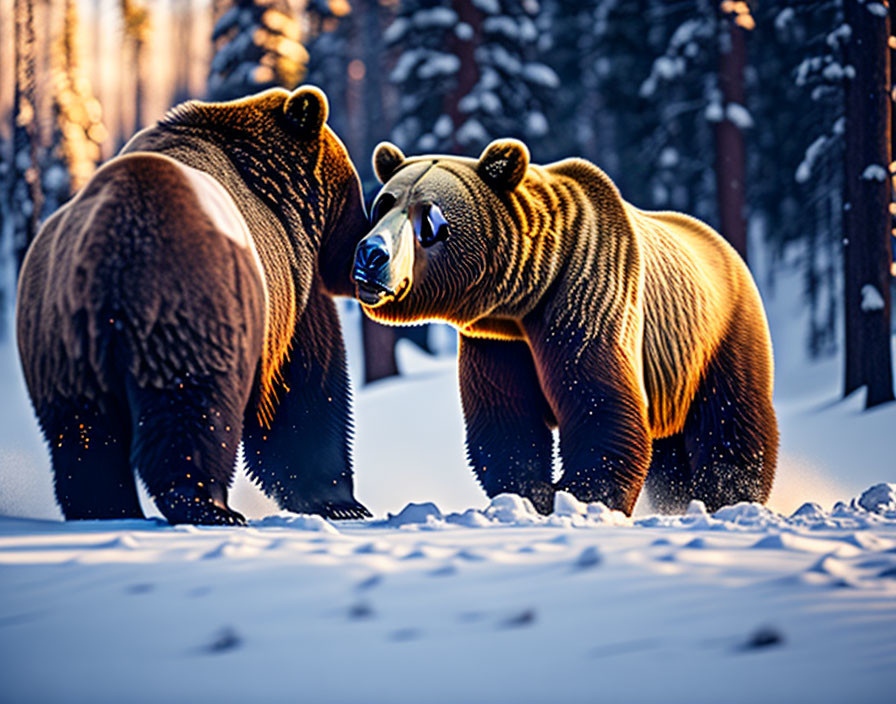 Two bears in snowy forest with sunlight filtering through trees