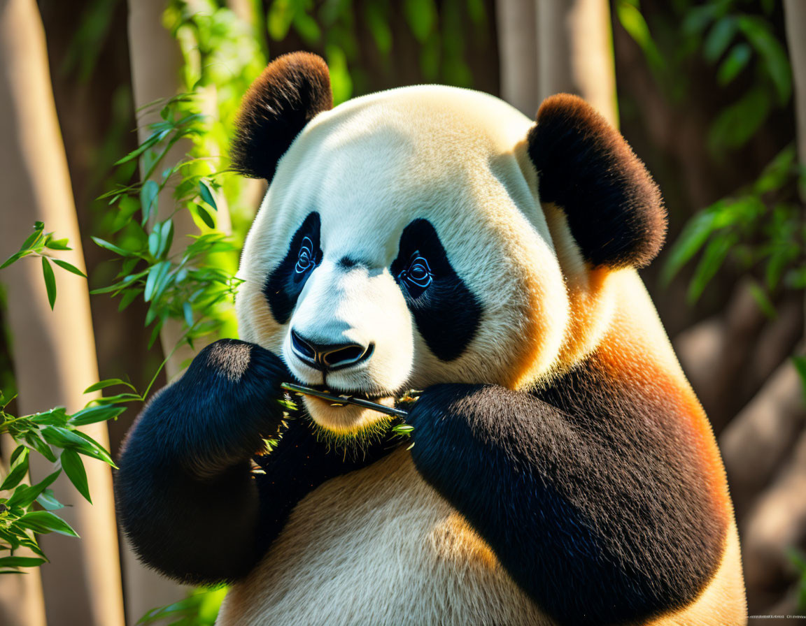 Giant panda eating bamboo in sunlight