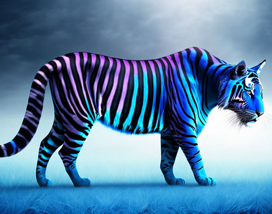 Digitally altered tiger with vibrant blue stripes on dark blue background