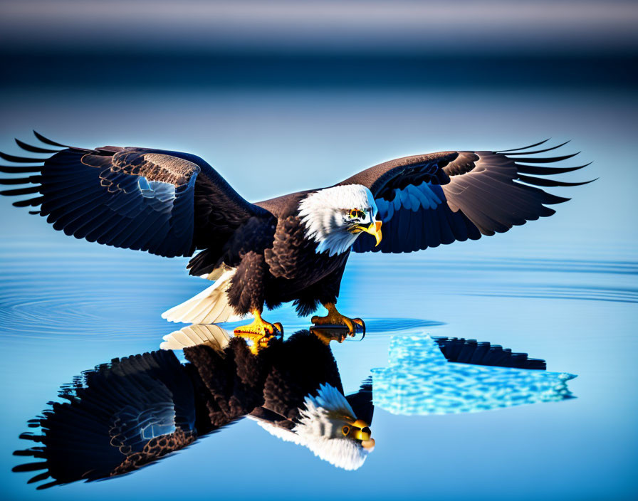 Bald eagle landing on water with reflection visible