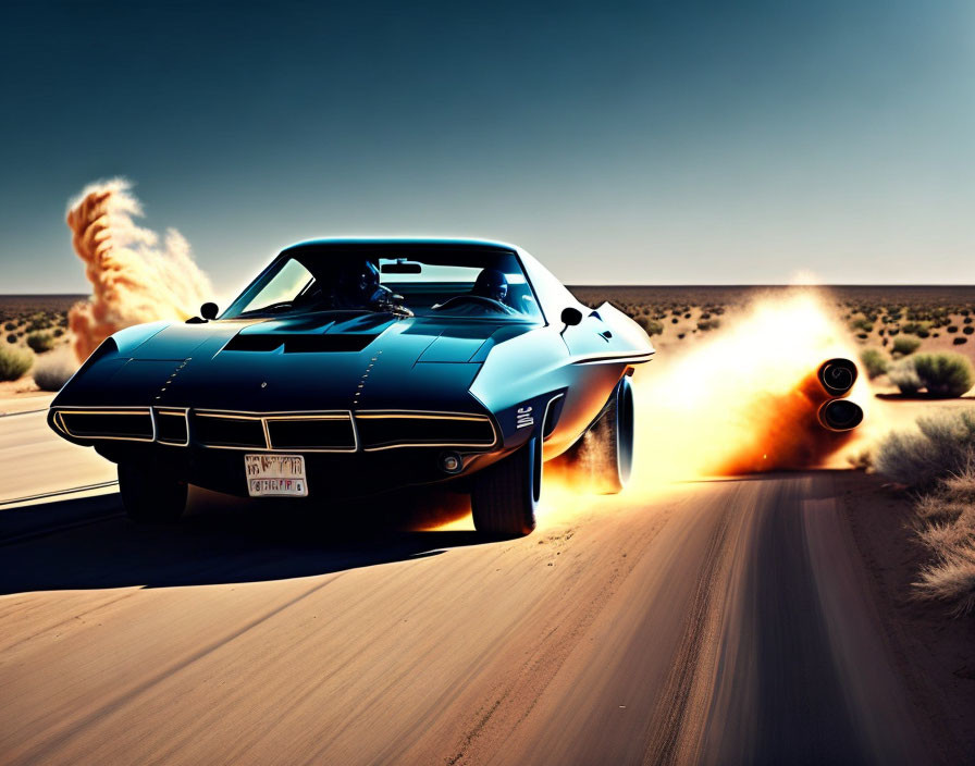 Blue and black muscle car speeding on desert road with rocket boosters