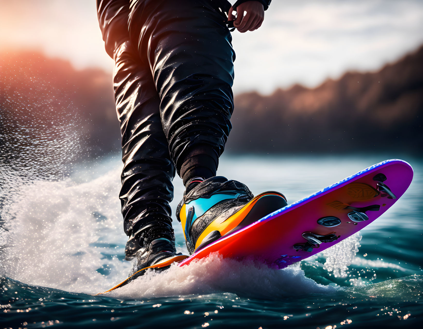 Colorful boots on wakeboarder's feet at sunset