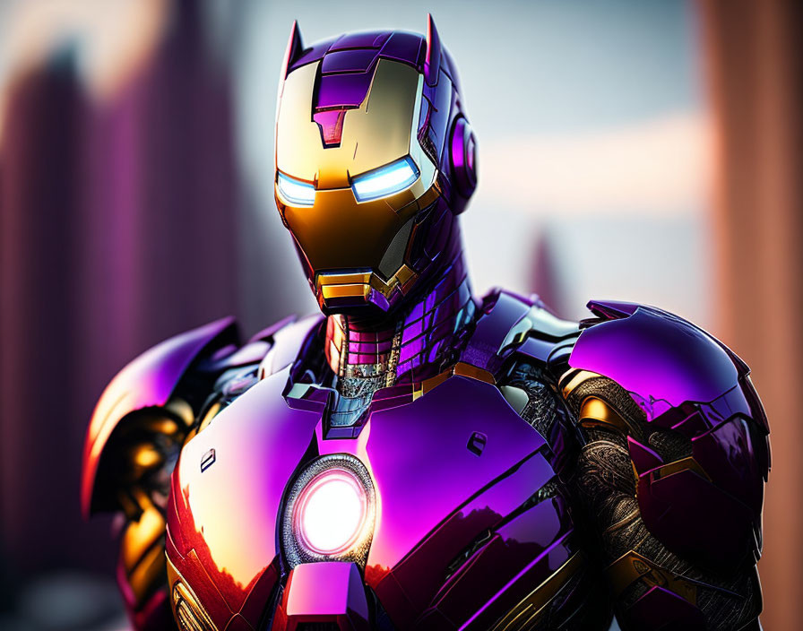 Detailed Iron Man armor with glowing chest arc reactor against cityscape at sunset