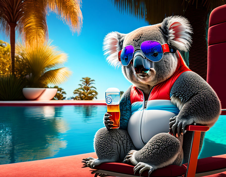 Koala in Sunglasses Relaxing by Pool with Drink