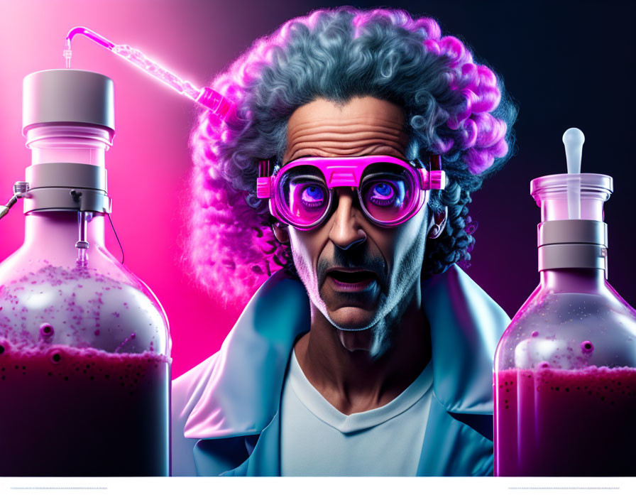 Mad Scientist in Pink Goggles Observing Chemical Reaction