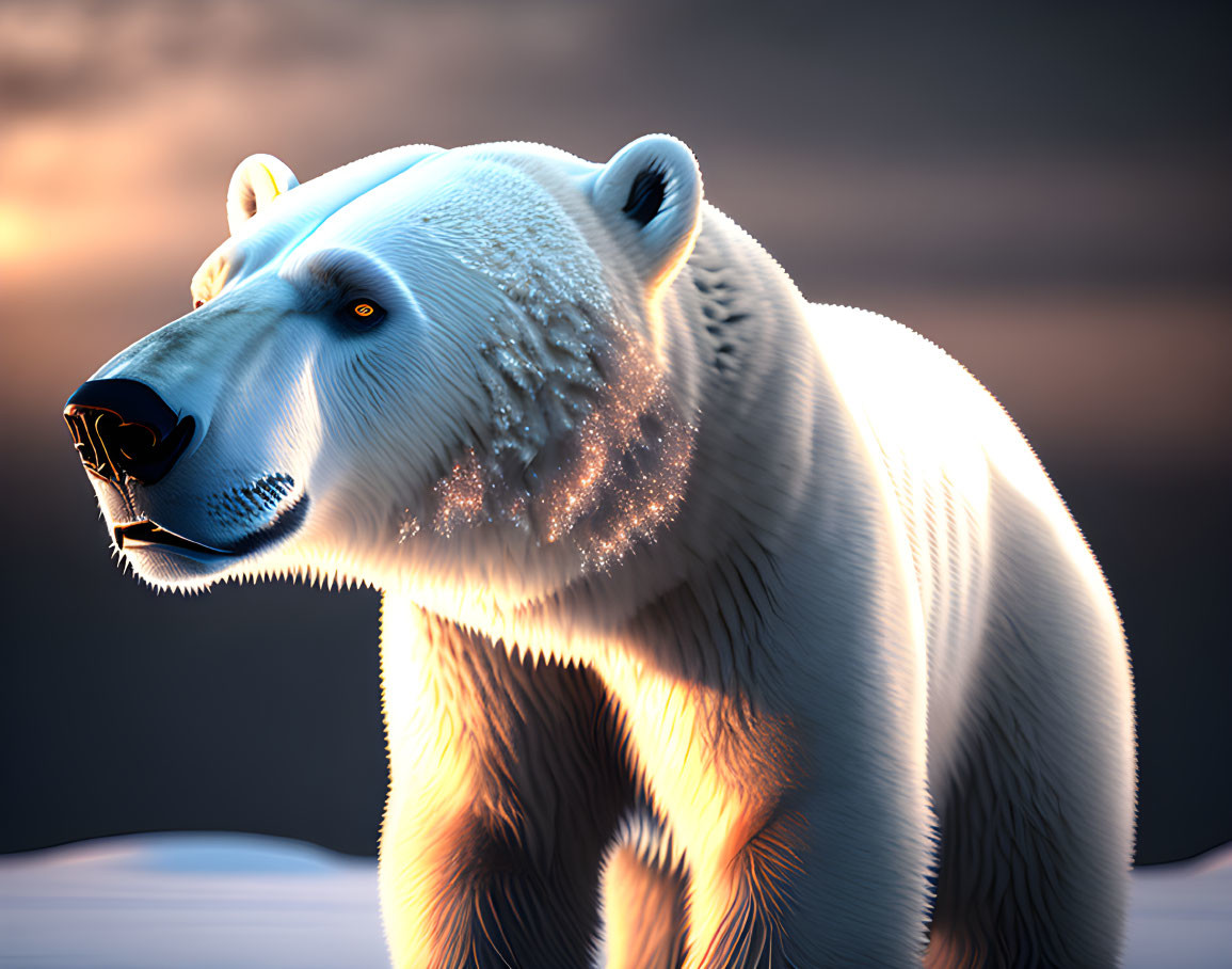 Detailed 3D-rendered polar bear in snowy twilight landscape