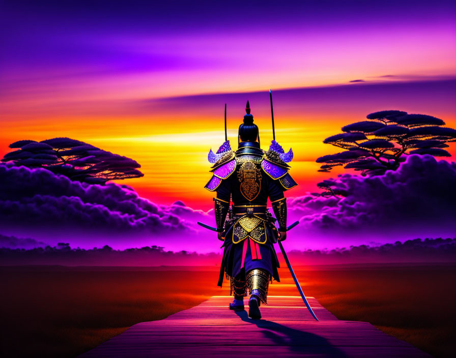 Samurai warrior in traditional armor on wooden bridge at sunset