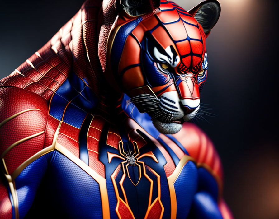 Character with Spider-Man costume and tiger features in close-up view