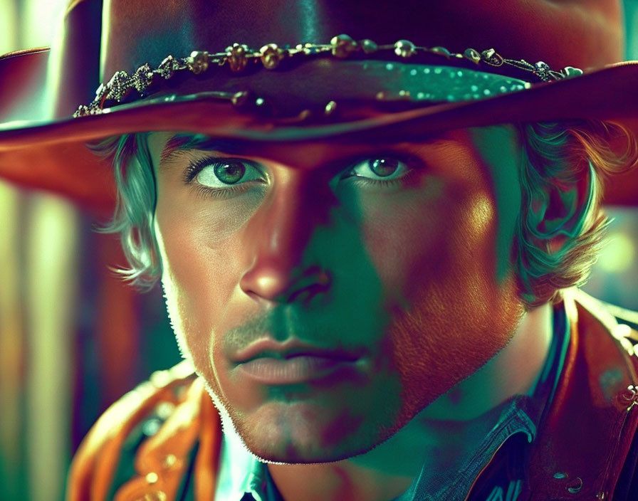 Intense gaze person in studded cowboy hat and patterned leather jacket