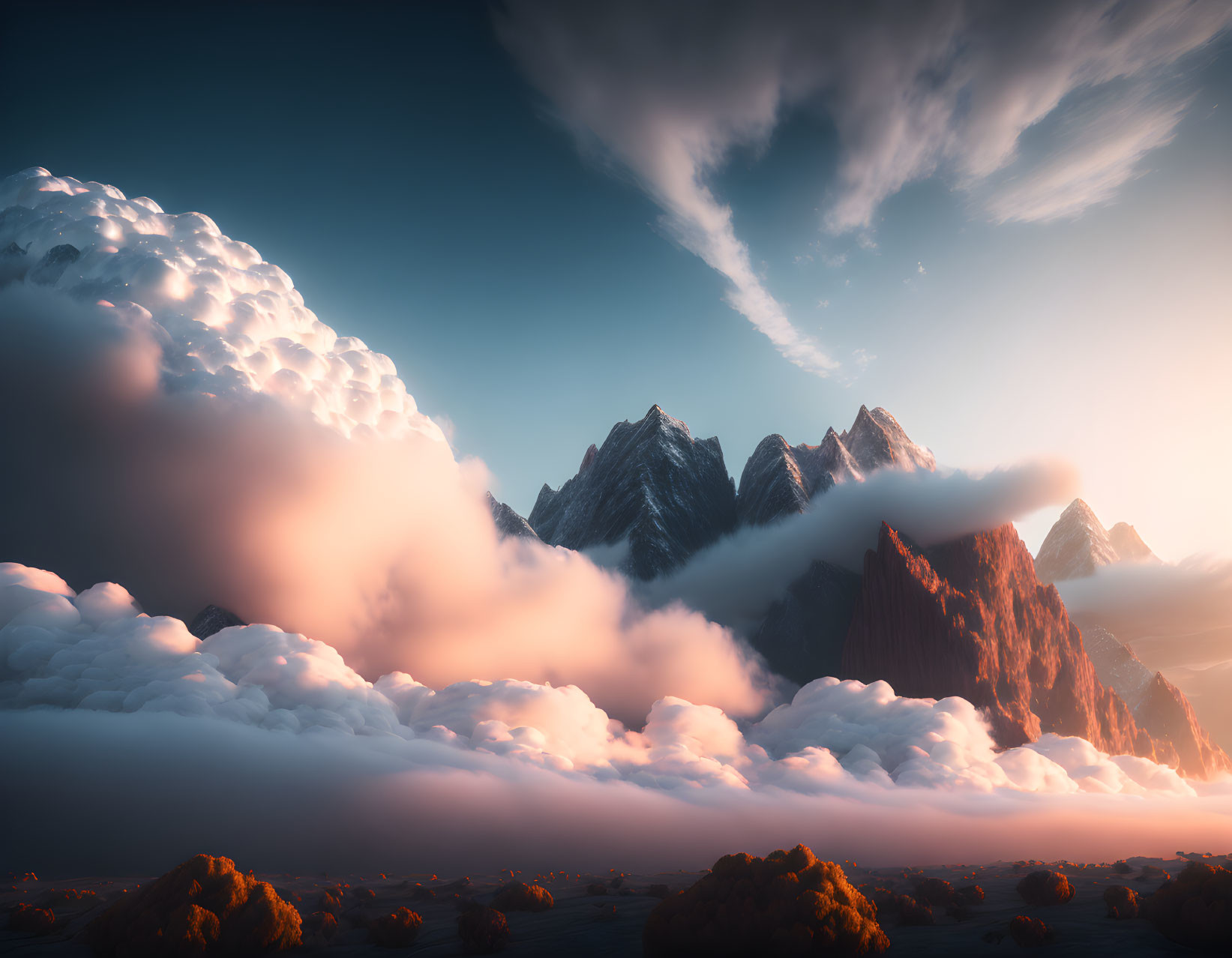 Sunset over majestic mountains and clouds with dramatic sky and warm sunlight.