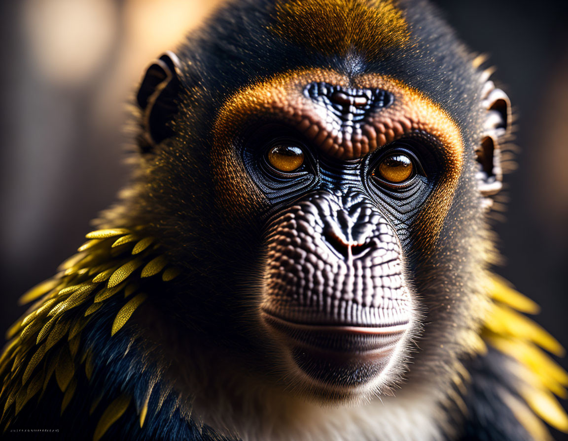 Mandrill with vibrant yellow and black fur and intense gaze