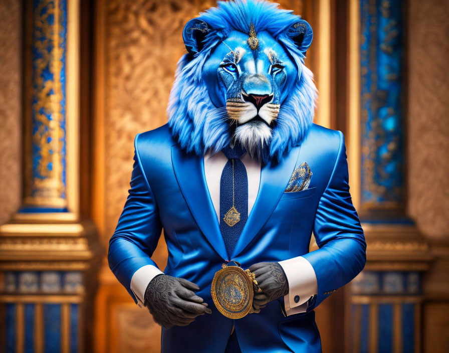 Person in Blue Suit with Lion Head Holding Medal on Luxurious Background