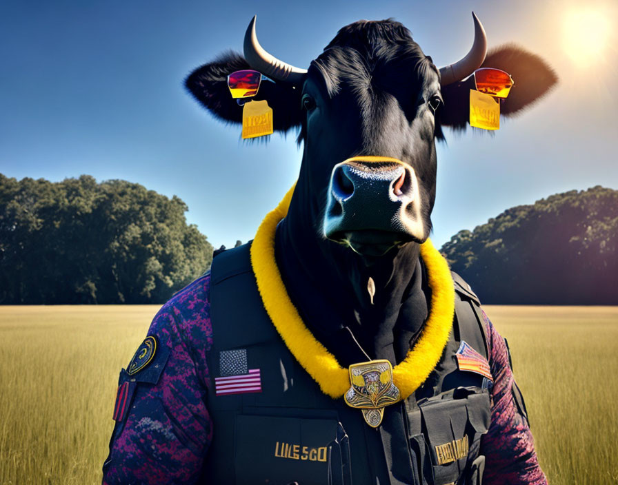 Surreal cow in police uniform and sunglasses in field