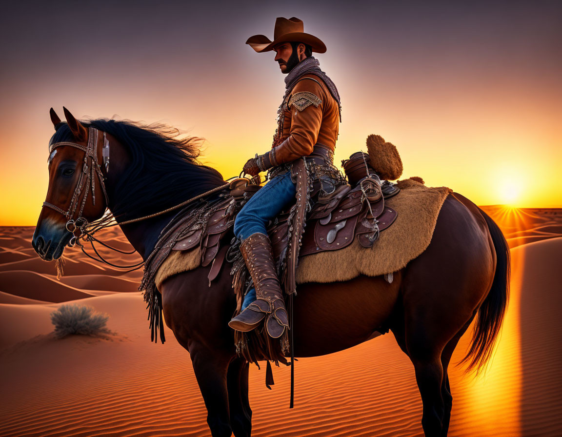 Traditional Cowboy Riding Horse in Desert Sunset