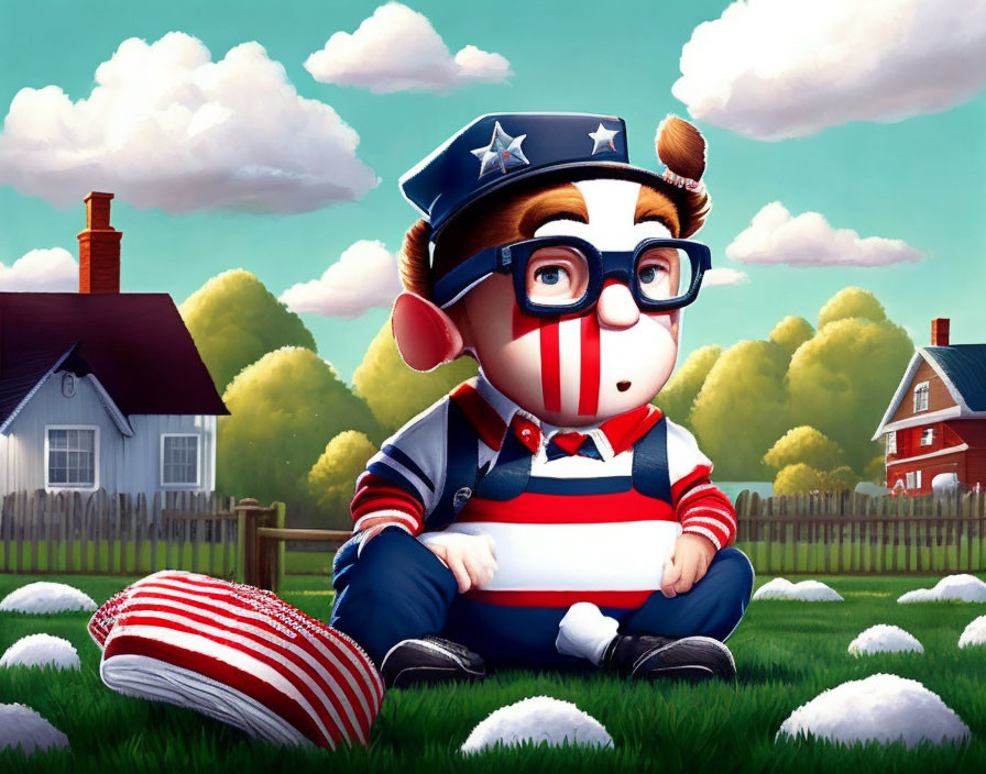 Stylized boy with glasses and teddy bear look in patriotic attire on grassy field with sheep