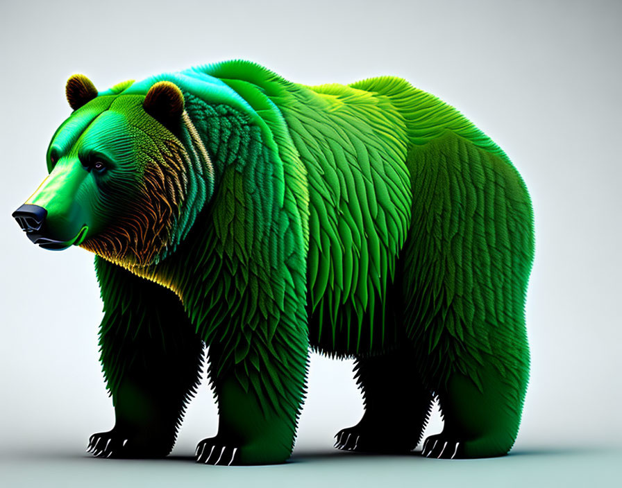 Colorful Bear Artwork with Green and Yellow Fur on Grey Background