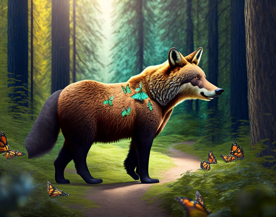 Colorful Fox in Enchanted Forest with Butterflies