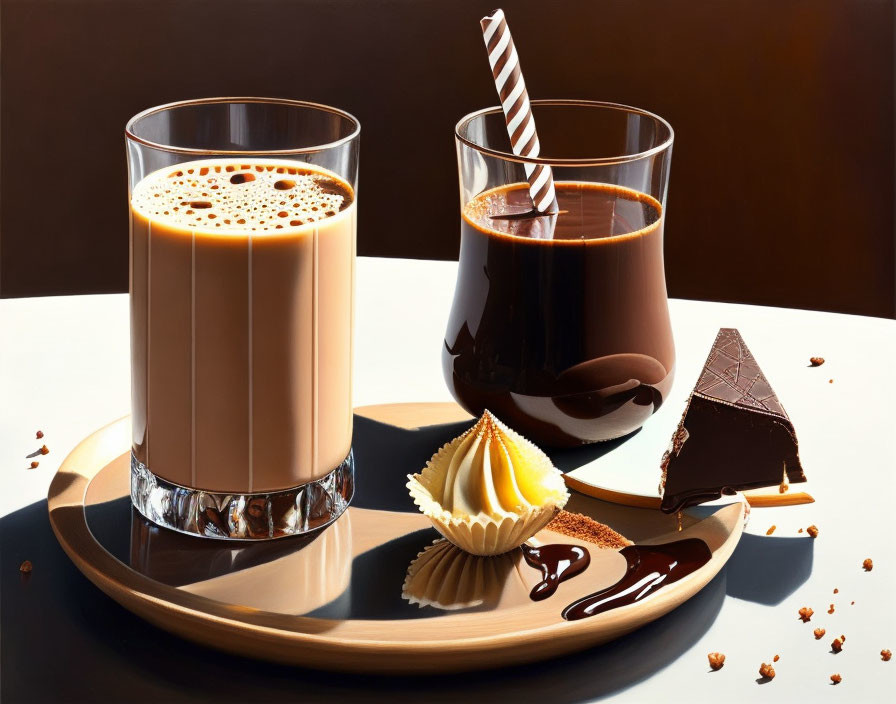 Assorted chocolate treats on round tray with striped straw