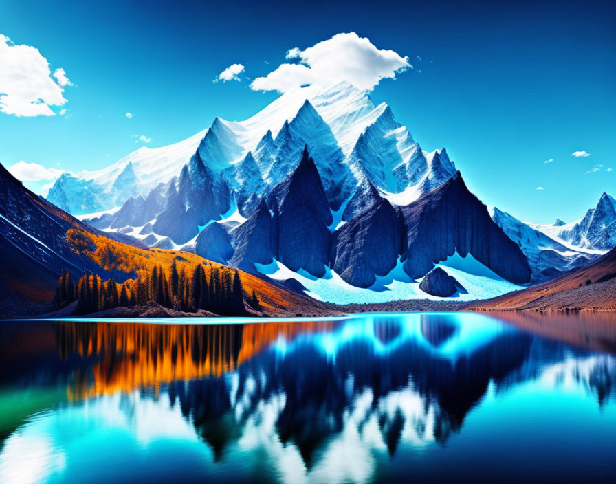 Scenic landscape: Snow-capped mountains, lake, clear sky