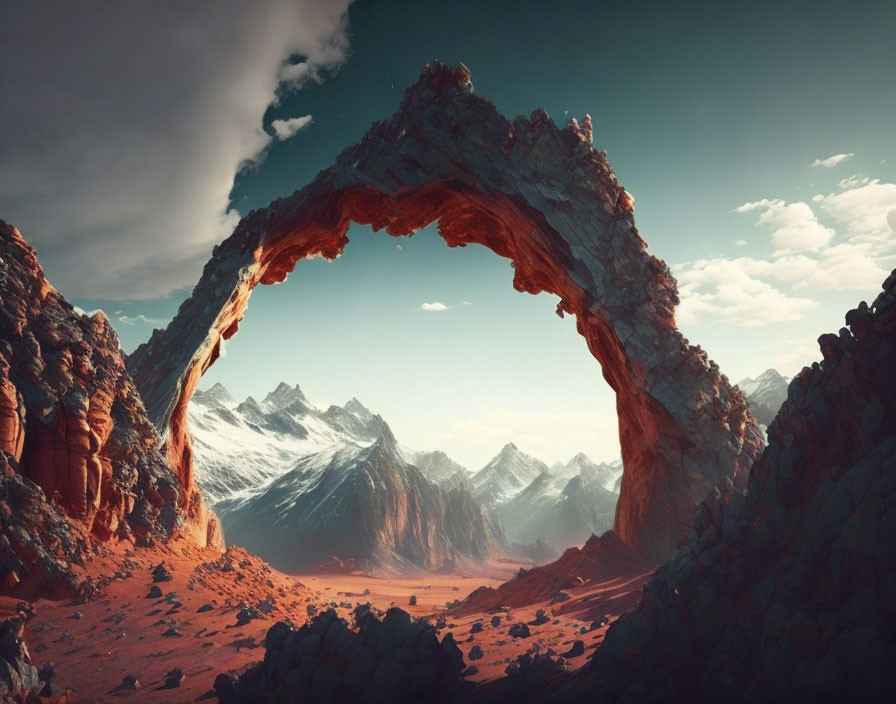 Natural stone arch frames snow-capped mountains under serene sky