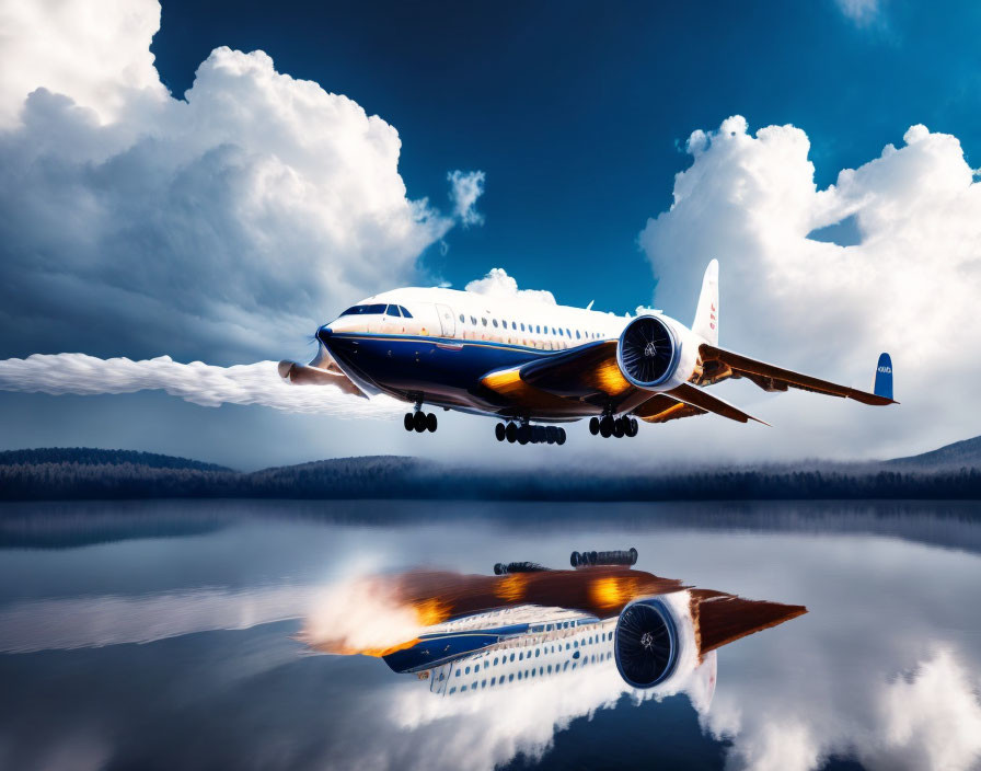 Low-flying Aircraft Over Tranquil Lake with Mountain Reflection