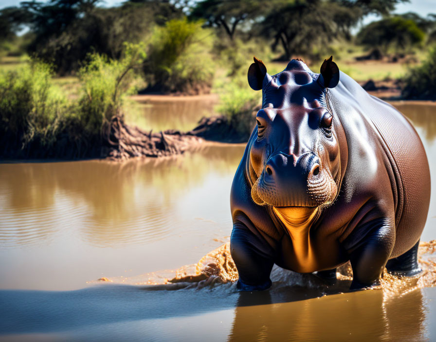 African hippopotamus in muddy river under sunlight