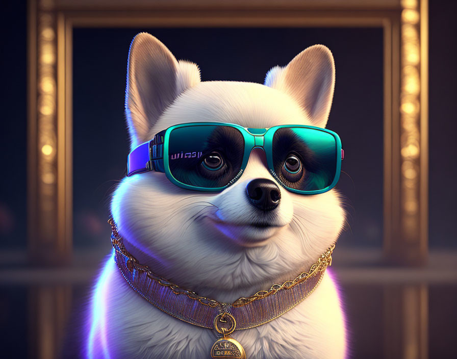 Stylized white dog in sunglasses, gold chain, against dark background