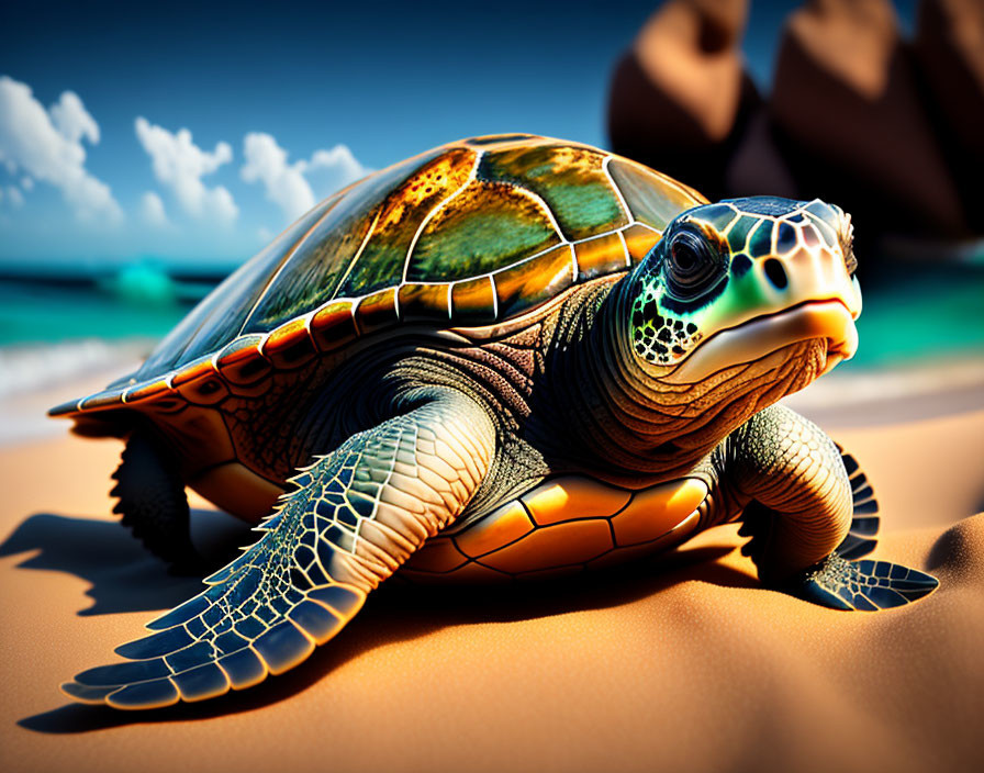 Colorful Sea Turtle on Sandy Beach with Blue Sky & Blurred Background