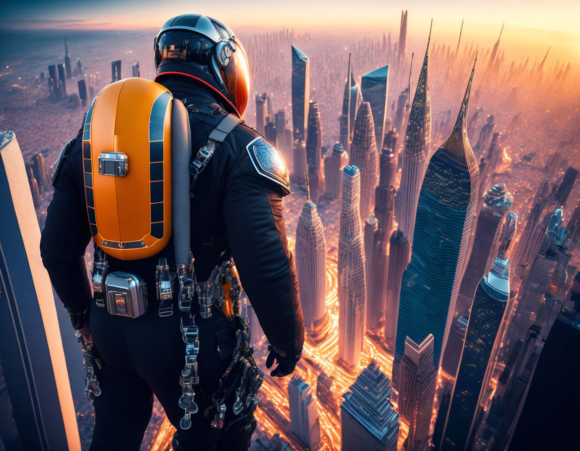 Astronaut overlooking futuristic city at sunrise or sunset