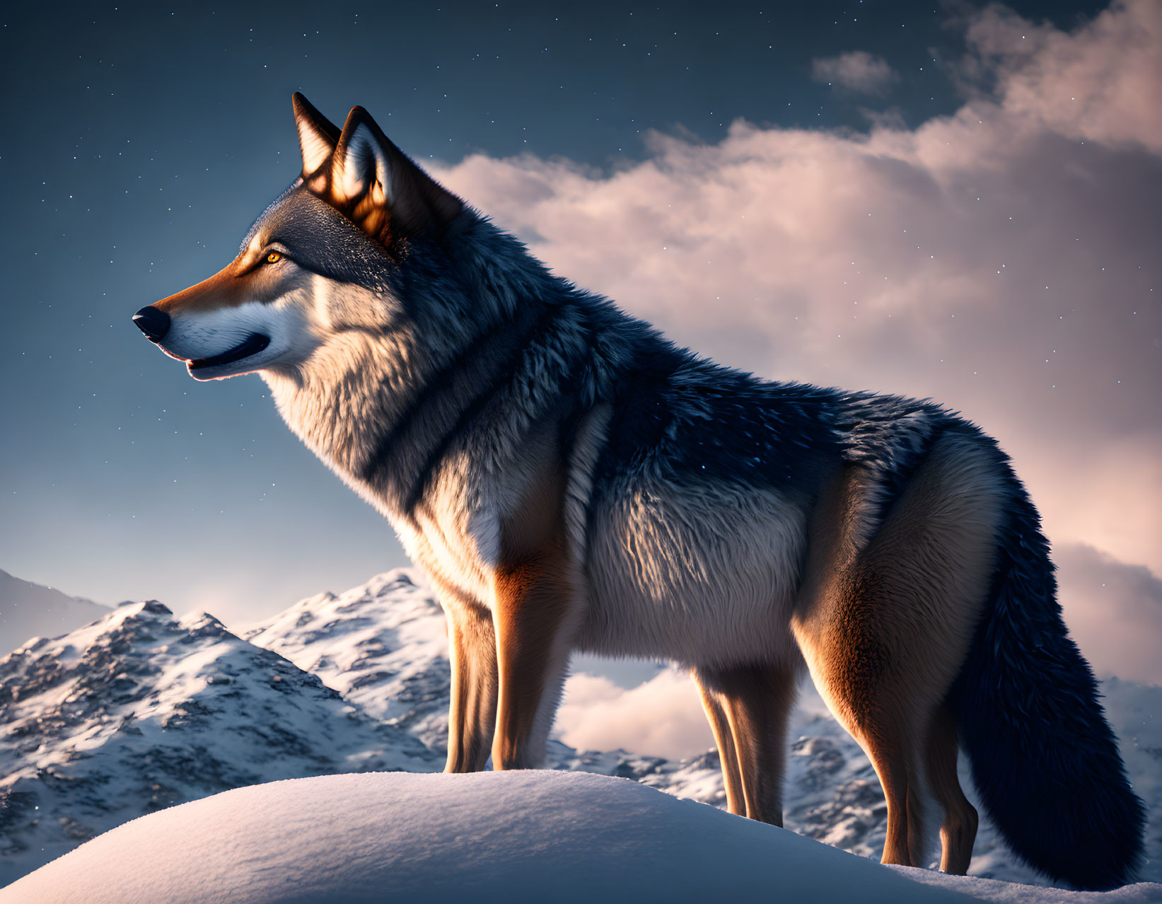 Majestic wolf in snowy landscape with mountains and dramatic sky