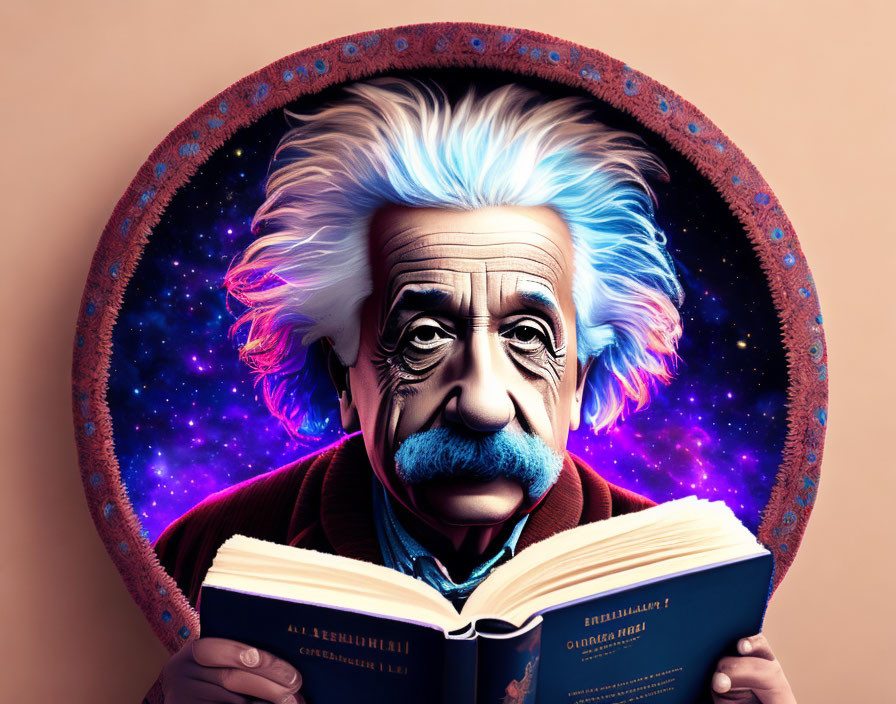 Illustrated Albert Einstein with blue hair reading book in cosmic oval frame