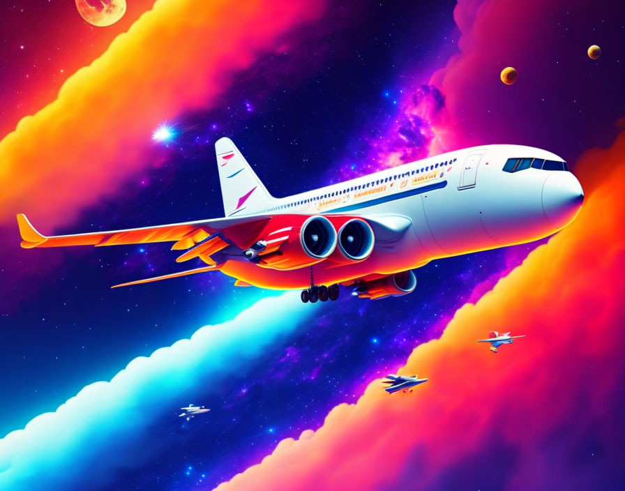 Colorful cosmic sky with planes and stars illustration.