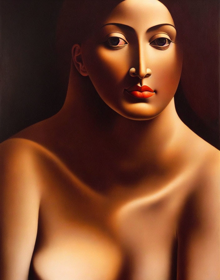 Stylized portrait of a woman with exaggerated features and contemplative expression