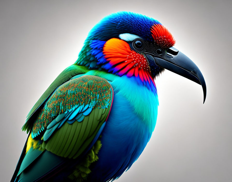 Colorful Multicolored Bird with Glossy Black Beak and Vivid Plumage