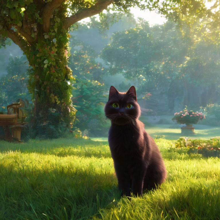 Black Cat in Sunlit Garden Surrounded by Trees and Bench