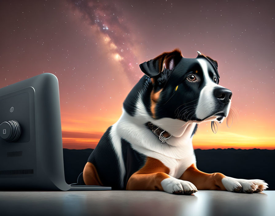 Digital artwork: Dog in human-like posture near retro monitor with sunset and stars