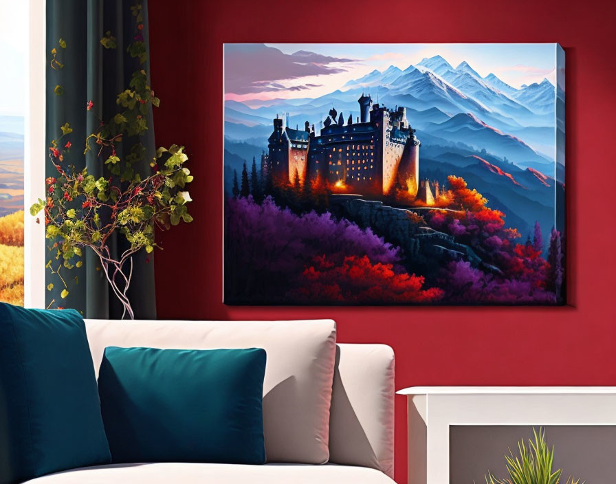 Colorful Castle Painting on Red Wall Above Sofa