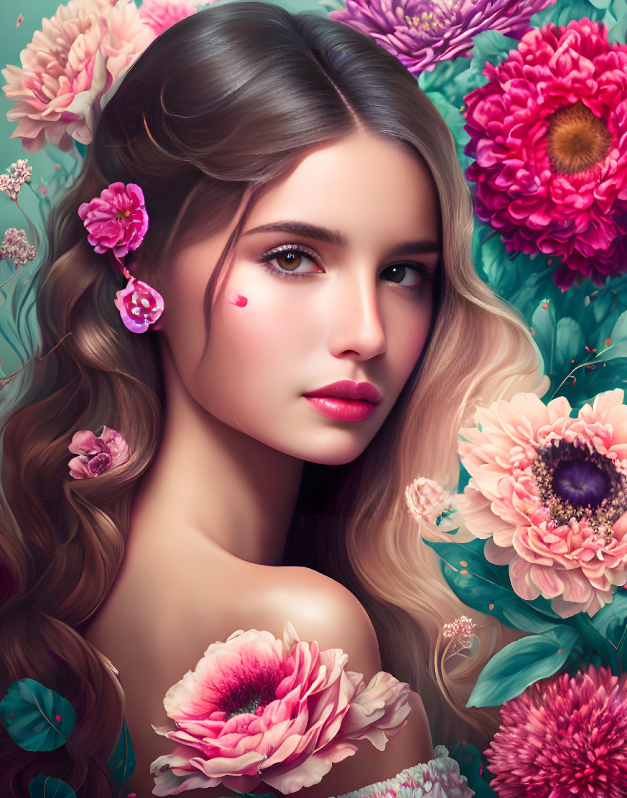 Vibrant portrait of young woman with flowing hair and colorful flowers.