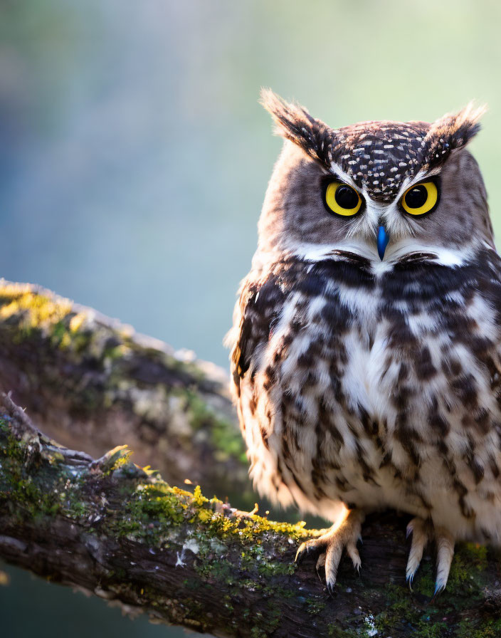 Intense yellow-eyed owl on moss-covered branch.