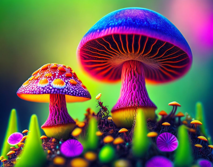 Colorful Mushrooms with Intricate Patterns in Neon-lit Forest