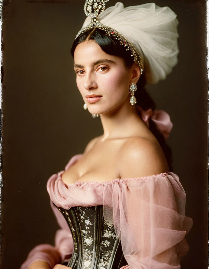 Vintage-style woman in corset and pink off-the-shoulder dress with elaborate headpiece.