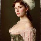 Vintage-style woman in corset and pink off-the-shoulder dress with elaborate headpiece.